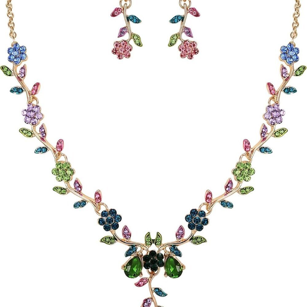 Women's Wedding Jewelry Set Leaf Cluster Flower Crystal Dangle Earrings Necklace